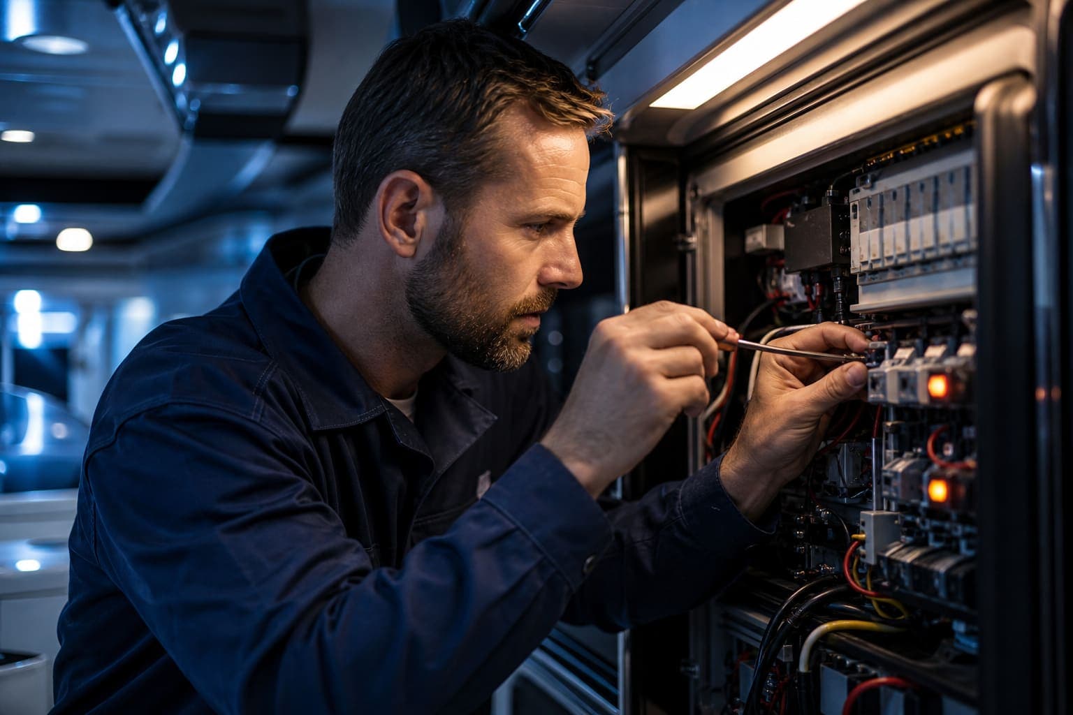 Marine service technician servicing a yacht's onboard systems